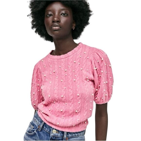 ZARA Pink Pearl Knit Sweater Top NWT - Picture 1 of 7